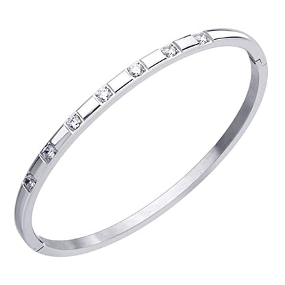 555Jewelry Stainless Steel Thin CZ Cuff Hinged Bangle Bracelet for Women - color: Silver