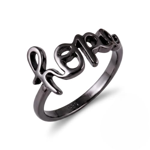 925 Silver Minimalist Religious Typography Band |Stacking Ring for Women | Unisex Cursive Script Faith Ring| Unisex Silver Band - color: Black, size: 5