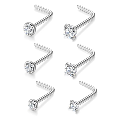Gotumo 20G Nose Rings Titanium Nose Studs Cubic Zirconia Straight Nose Piercing Jewelry Hypoallergenic Nose Rings Studs for Women Men 6pcs set Silver - color: Silver, size: 20G L Shaped 6pcs