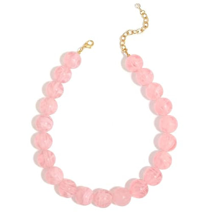 Chunky Beaded Choker Necklace for Women Boho Statement Necklace with Large Pearl Blue Brown Tone Resin Beads Summer Beach Jewelry Gifts - color: Pink