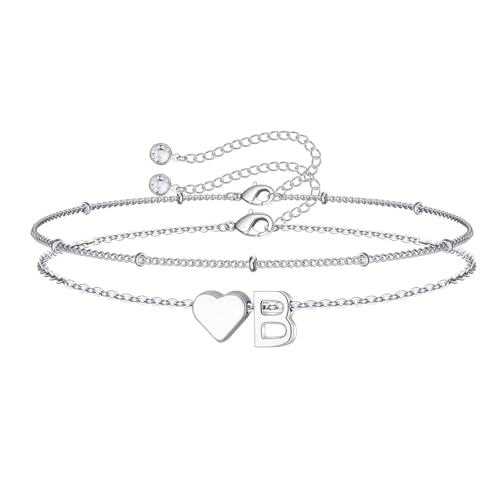 M MOOHAM Initial Bracelets for Women Teen Girls - Heart Letter A-Z Bracelet | Dainty 14K Gold Plated Jewelry, Heart Initial Bracelet, Bracelets for Women Girls Trendy, Birthday Gifts for Women Girls Her - color: Silver - B