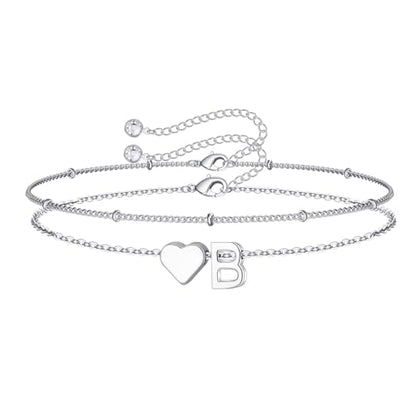 M MOOHAM Initial Bracelets for Women Teen Girls - Heart Letter A-Z Bracelet | Dainty 14K Gold Plated Jewelry, Heart Initial Bracelet, Bracelets for Women Girls Trendy, Birthday Gifts for Women Girls Her - color: Silver - B