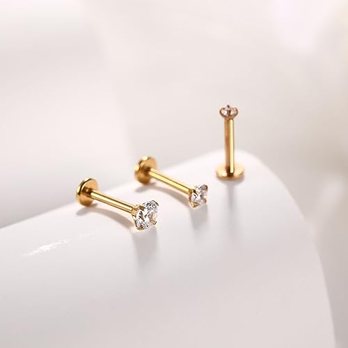 GAGABODY G23 Titanium 16G 6/8/10mm Clear CZ/Opal Internally Threaded Labret Monroe Lip Studs 6mm Helix Cartilage Tragus Earring Piercing - color: 16G-3Pcs-Gold-Length:8mm CZ:2/3/4mm
