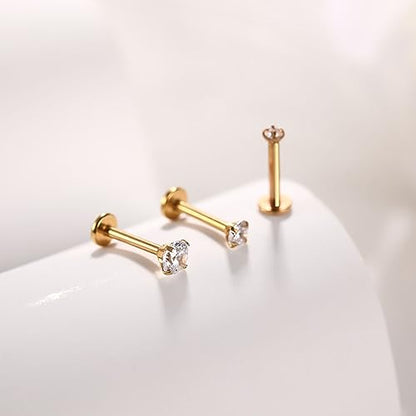 GAGABODY G23 Titanium 16G 6/8/10mm Clear CZ/Opal Internally Threaded Labret Monroe Lip Studs 6mm Helix Cartilage Tragus Earring Piercing - color: 16G-3Pcs-Gold-Length:8mm CZ:2/3/4mm