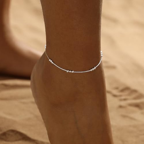 Gold/Silver Ankle Bracelets for Women Waterproof Dainty 14K Gold Plated Pearl Heart Love Anklet Bracelet Satellite Cuban Link Beads Summer Beach Jewelry Gifts - style: 3-Bead-silver-140