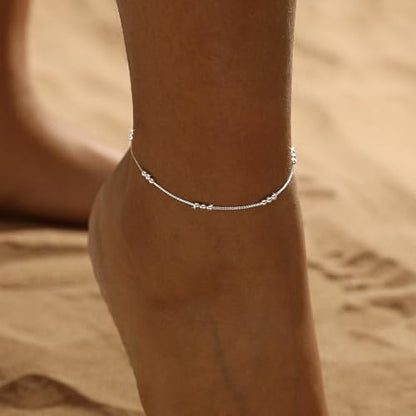 Gold/Silver Ankle Bracelets for Women Waterproof Dainty 14K Gold Plated Pearl Heart Love Anklet Bracelet Satellite Cuban Link Beads Summer Beach Jewelry Gifts - style: 3-Bead-silver-140