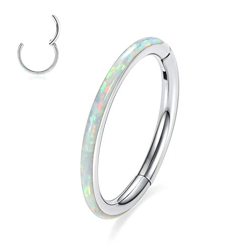 AROWRO Nose Rings Hoops with Opal Hinged Nose Rings for Women Surgical Steel Septum Rings 16G 18G 20G Conch Helix Daith Piercing Jewelry Diameter 6mm-12mm - color: Silver&White Opal, size: 16G(1.2mm)-8mm