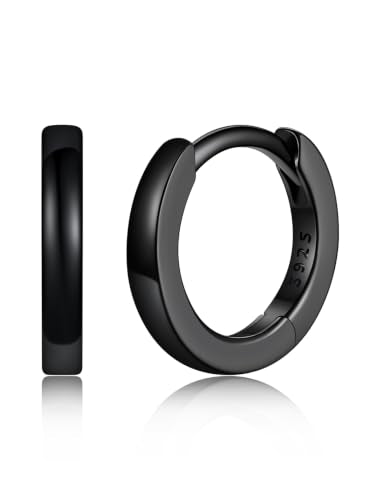 925 Sterling Silver Huggie Hoop Earrings, Small Silver Hoop Earrings for Women Hypoallergenic Huggie Lightweight Small Hoops Earring Cartilage Sleeper Earrings 6/8/10/12/14/16/18/20mm - color: Black, size: 8MM