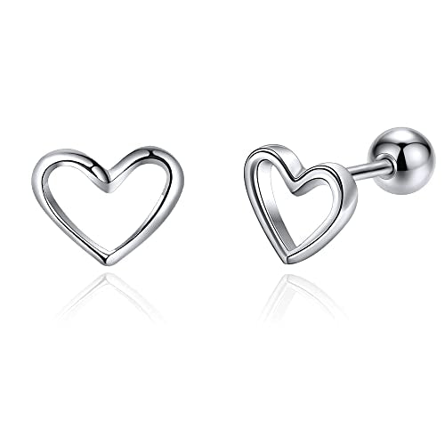 JSGEMSLEE Hypoallergenic 925 Sterling Silver Stud Earrings for Women With Screw Back Small Butterfly Heart Flower Earrings for Girls Tragus Cartilage Jewelry Gifts - color: Silver Heart