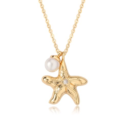 MTMY Gold Starfish Necklace 14K Gold Plated Shell Conch Ocean Pendant Necklace for Women Beach Summer Jewelry - style: starfish pearl 2