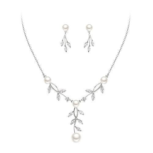 EleQueen Women's Simulated Pearl Wedding Jewelry Set for Brides | Cubic Zirconia Necklace Earrings Bracelet Set for Brides Bridesmaids, Bridal Jewelry Set for Anniversary/Memorial Day - style: Pearl Necklace Earrings 2 Pieces Set