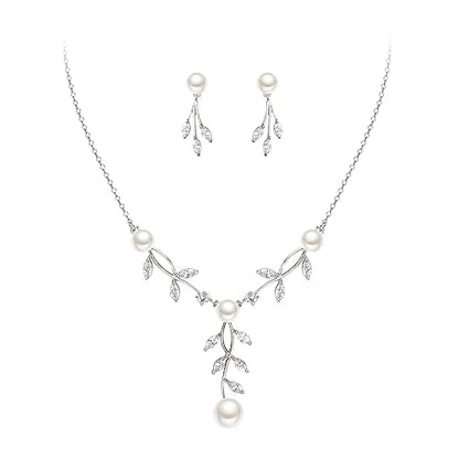 EleQueen Women's Simulated Pearl Wedding Jewelry Set for Brides | Cubic Zirconia Necklace Earrings Bracelet Set for Brides Bridesmaids, Bridal Jewelry Set for Anniversary/Memorial Day - style: Pearl Necklace Earrings 2 Pieces Set