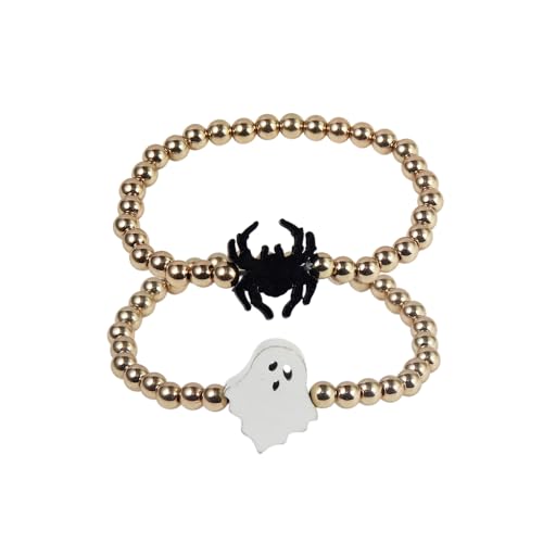 Halloween Gold Beaded Bracelets Wooden Pumpkin Ghost Bat Spider Beads Stretch Bracelet Funny Halloween Holiday Party Gifts for Women - color: C