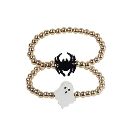 Halloween Gold Beaded Bracelets Wooden Pumpkin Ghost Bat Spider Beads Stretch Bracelet Funny Halloween Holiday Party Gifts for Women - color: C