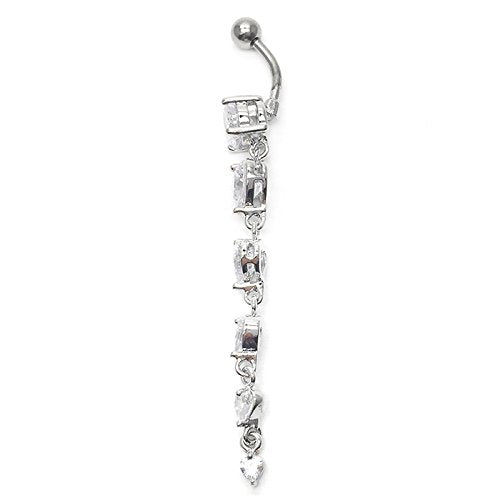 COOLSTEELANDBEYOND Steel Belly Chain Belly Button Ring Body Jewelry Piercing Navel Ring with Long Dangle Cubic Zirconia - color: A-Metal Color: Silver