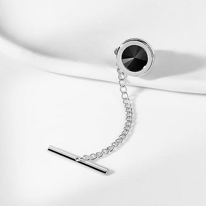 HAWSON Mens Tie Tack with Chain Round Crystal Wedding Business Accessories - color: Silver + Jet