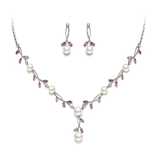 EVER FAITH Cubic Zirconia Pearl Leaf Vine Wedding Jewelry Set for Bride | Crystal Filigree Bridal Necklace Earrings, for Women Bridesmaid - color: 2pcs_Purple Silver-Plated-Brass