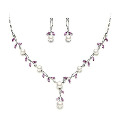 EVER FAITH Cubic Zirconia Pearl Leaf Vine Wedding Jewelry Set for Bride | Crystal Filigree Bridal Necklace Earrings, for Women Bridesmaid - color: 2pcs_Purple Silver-Plated-Brass