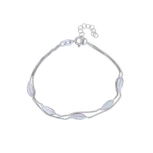 Vanbelle Genuine Sterling Silver Jewelry - Rhodium Plated with 925 Stamp - Designer Leaf Anklet - Elegant handcrafted Double layered Chain Bracelet for Women - 6.5" long + 1" extender