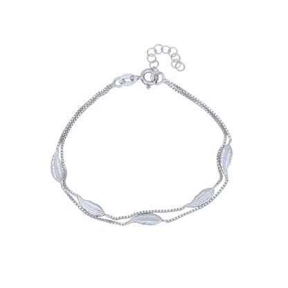 Vanbelle Genuine Sterling Silver Jewelry - Rhodium Plated with 925 Stamp - Designer Leaf Anklet - Elegant handcrafted Double layered Chain Bracelet for Women - 6.5" long + 1" extender