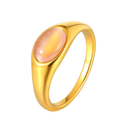 HIJONES Women's Stainless Steel Oval Opal Gemstone Dome Stacking Signet Ring Charming Wedding Jewelry - color: Pink Stone