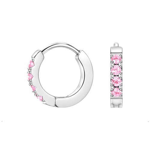 Birthstone Huggie Hoop Earrings for Women, Cubic Zirconia Small Hoops | 316L Surgical Steel, 18K Gold or Silver, 6-10mm, Hypoallergenic Waterproof, Cartilage Piercing, Birthday Gift - color: 10 OCT. Pink - Silver, size: 7mm