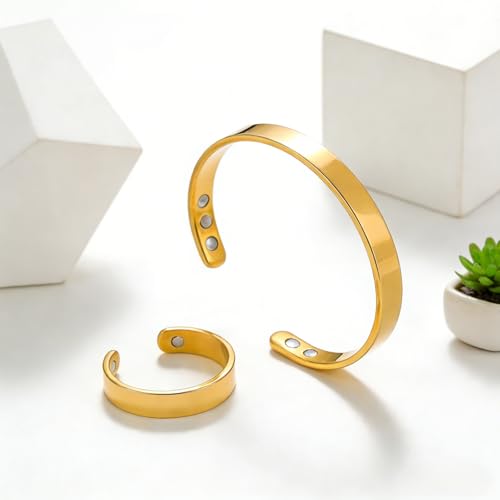 Calming Bracelet Ring Set for Women, Menopause Bracelets Adjustable Bangle Stainless Steel Cuff Climacterium Anxiety Stress Relief Energy Open Jewelry Gift - color: Gold + Gold