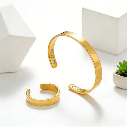Calming Bracelet Ring Set for Women, Menopause Bracelets Adjustable Bangle Stainless Steel Cuff Climacterium Anxiety Stress Relief Energy Open Jewelry Gift - color: Gold + Gold