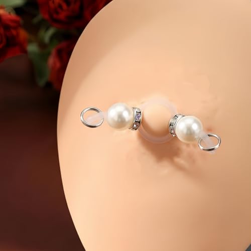 2 Pairs Non-Piercing Nipple Jewelry – Adjustable Silicone Rings with Silver & Gold Beads – Fake Nipple Piercing Look, Pain-Free Faux Nipple Rings for Unisex Adult Body Jewelry - color: White & Pink