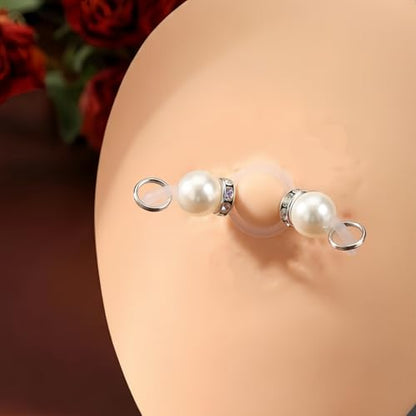 2 Pairs Non-Piercing Nipple Jewelry – Adjustable Silicone Rings with Silver & Gold Beads – Fake Nipple Piercing Look, Pain-Free Faux Nipple Rings for Unisex Adult Body Jewelry - color: White & Pink