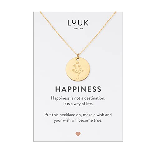 LUUK LIFESTYLE Stainless steel necklace with pendant and HAPPINESS card, 20” adjustable length, lucky charm, friendship chain, Valentine's Day gift, birthday, women's jewelry, silver, gold, rosegold - color: Gold, size: Flower