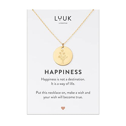 LUUK LIFESTYLE Stainless steel necklace with pendant and HAPPINESS card, 20” adjustable length, lucky charm, friendship chain, Valentine's Day gift, birthday, women's jewelry, silver, gold, rosegold - color: Gold, size: Flower