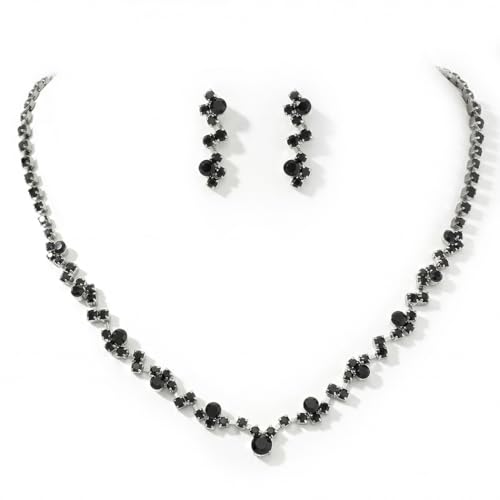 Unicra Bride Crystal Necklace Earrings Set Bridal Wedding Jewelry Sets Rhinestone Choker Necklace Costume Jewelry Set for Women and Brides - color: Black