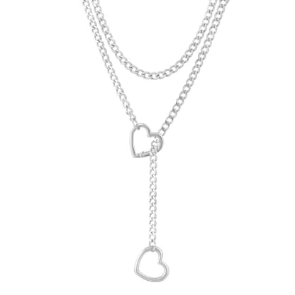 Heart Slip Chain Necklace for Women, 36 Inch Gothic Punk Cuban Chain, Removable Black Heart O-Ring, Detachable Heart Pendant, Adjustable Stainless Steel Y-Necklace. - color: Silver Heart-2