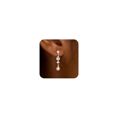 CHESKY Pearl Drop Earrings for Women, 14K Gold Plated Pearl Dangle Earrings | Dainty Pearl Earrings for Women,WaterProof Gold Brides Wedding Earrings,Bridesmaid Bridal Gift,Trendy Women Everyday Jewelry - style: leafs