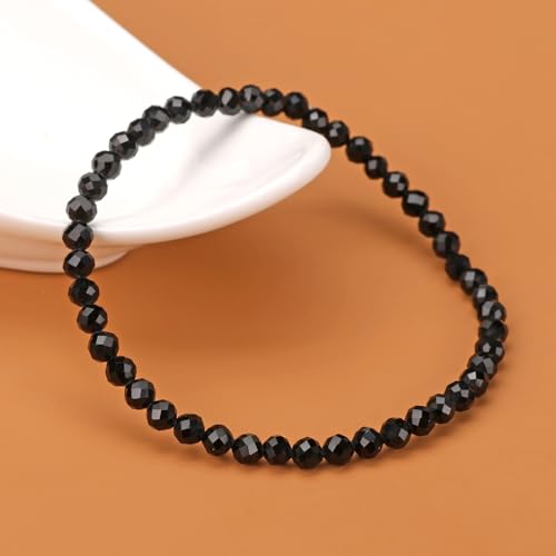 Natural Faceted Crystal Bracelet for Women,4mm Gemstone Round Beads Bracelets Adjustable Stretchy Healing Crystal Beads Bracelets Dainty Jewelry Gift - color: Black Obsidian