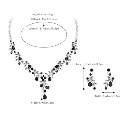 BriLove Wedding Jewelry Set for Women Bride, Y-Necklace Dangle Earrings Crystal Teardrop Leaf Flower Cluster Bridal Bridesmaid - color: 13-Black Silver-Tone