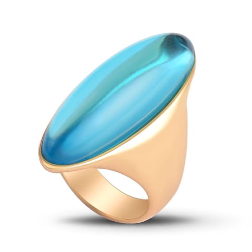 HAIXIAN Exaggerated Gemstone Ring,Big 14K Gold Plated Eye Shape Stone Chunky Statement Ring,Cocktail Party Ring Jewelry Gift for Women - color: A03_Azure