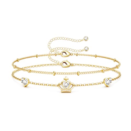 16K Gold Plated Bracelets Set for Women - Dainty Layered Adjustable Hand Chain Bracelet with Cubic Zirconia, Cute Jewelry Gift for Her, Waterproof Hypoallergenic - color: Crown