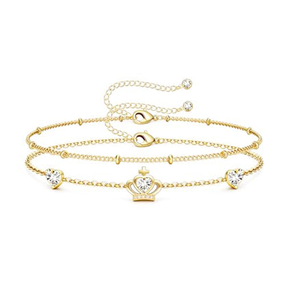 16K Gold Plated Bracelets Set for Women - Dainty Layered Adjustable Hand Chain Bracelet with Cubic Zirconia, Cute Jewelry Gift for Her, Waterproof Hypoallergenic - color: Crown