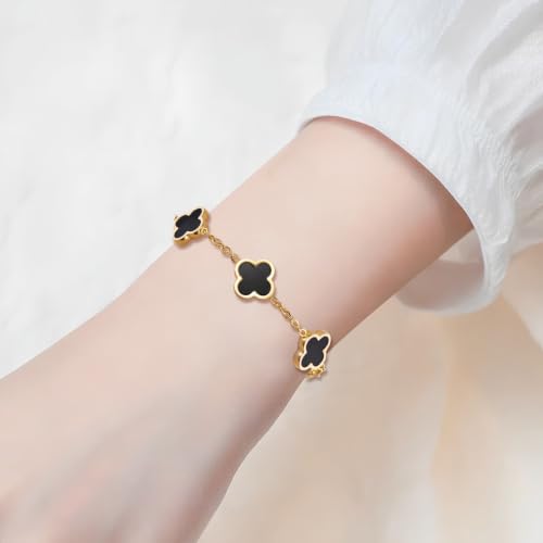 18K Gold Plated Lucky Clover Jewelry Set, Birthday Gifts for Women | Stainless Steel Hypoallergenic,Black White Red Four Leaf Clover Bracelet Necklace Earrings set, Daily Wear, Gifts for Women - color: Clover Set-Black