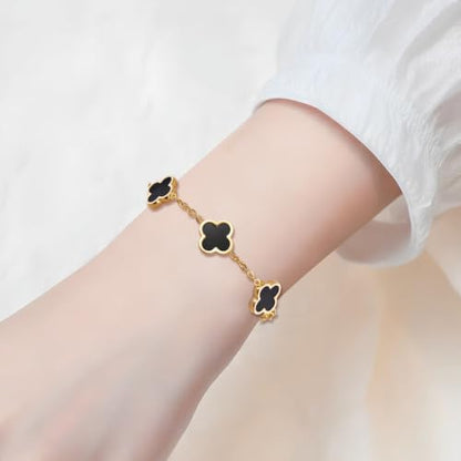 18K Gold Plated Lucky Clover Jewelry Set, Birthday Gifts for Women | Stainless Steel Hypoallergenic,Black White Red Four Leaf Clover Bracelet Necklace Earrings set, Daily Wear, Gifts for Women - color: Clover Set-Black