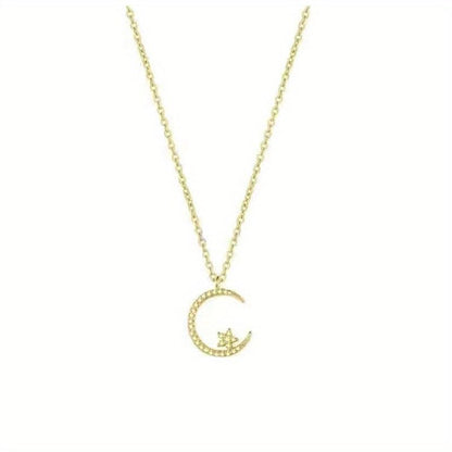 1 Pc, Gold Tone Beaded Chain, CZ Moon & Star Pendant Necklace, Minimalist Dainty Style, Trendy Outfit Matching (Gold)