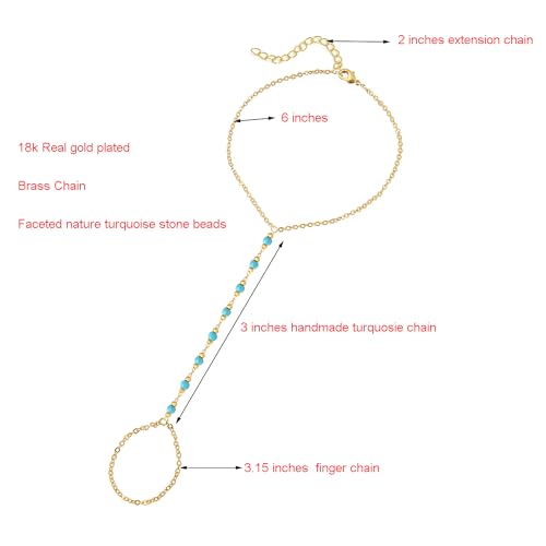 Dainty Gold Hand Chain Bracelet,18K Real Gold Plated Minimalist Handmade Beaded Finger Chain Bracelets for Women - color: Turquoise