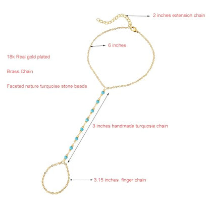 Dainty Gold Hand Chain Bracelet,18K Real Gold Plated Minimalist Handmade Beaded Finger Chain Bracelets for Women - color: Turquoise