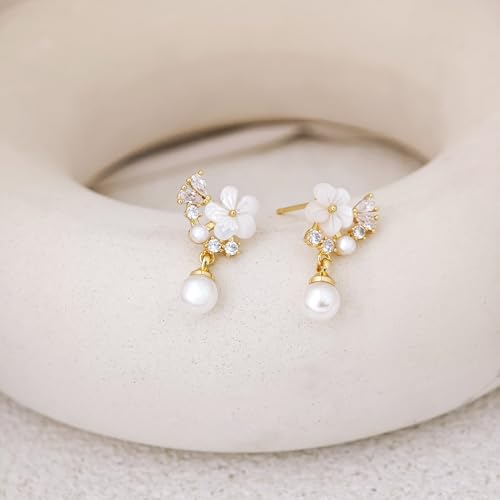 Pearl Earrings for Women Trendy, 14k Gold Plated Freshwater CZ Leaf Pearl Dangle Drop Gold Earrings Lightweight Hypoallergenic Stud Earring Bridesmaid Wedding Gold Jewelry for Women Gifts - style: small flower pearl earrings