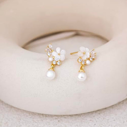 Pearl Earrings for Women Trendy, 14k Gold Plated Freshwater CZ Leaf Pearl Dangle Drop Gold Earrings Lightweight Hypoallergenic Stud Earring Bridesmaid Wedding Gold Jewelry for Women Gifts - style: small flower pearl earrings