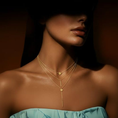 Lariat Gold Necklaces for Women, 14K-Gold-Plated Long Chain Bar Stacking Layer Y-Necklaces, Hypoallergenic Non-Tarnish Jewelry for Gift