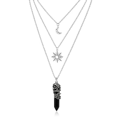 Gothic Emo Grunge Crescent Moon Layered Choker for Women | Boho Moon Sun Star Crystal Pendant Necklace, Punk Witchy Halloween Christmas Jewelry Accessories Gifts - color: Black