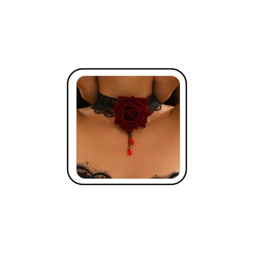 Gothic Lace Flower Choker Necklace for Women Vintage Red Black Rose Flower Crystal Pendant Necklaces Victorian Lolita Hollowed Out Layer Necklaces Punk Vampire Cosplay Party Costume Jewelry Accessories - color: Red